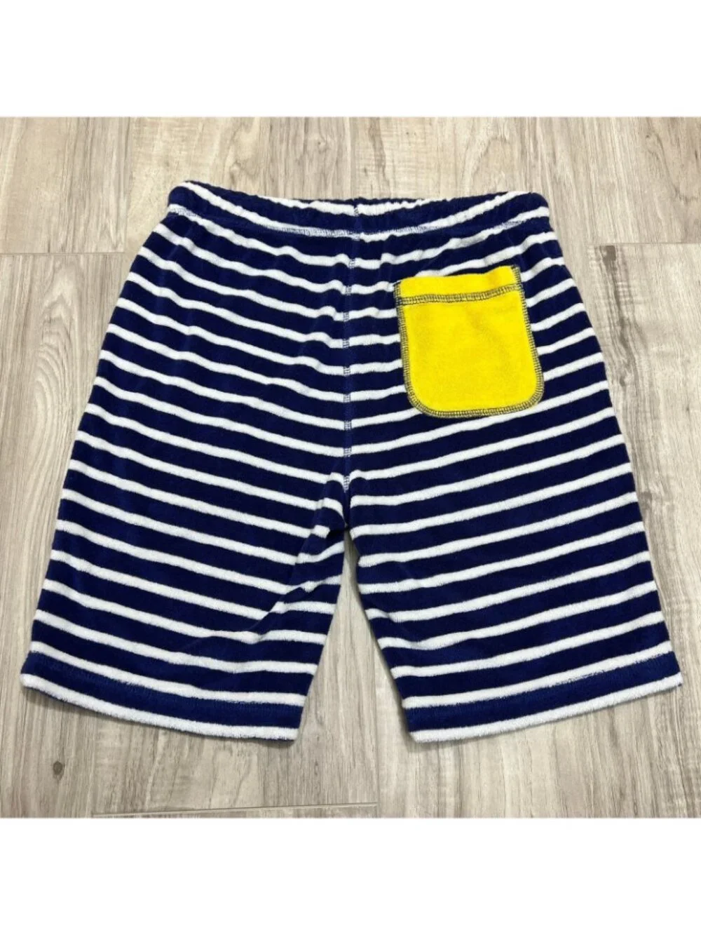 Mini Boden Toweling Shorts Size 10Y Blue White Striped Terry Cloth Yellow Pocket